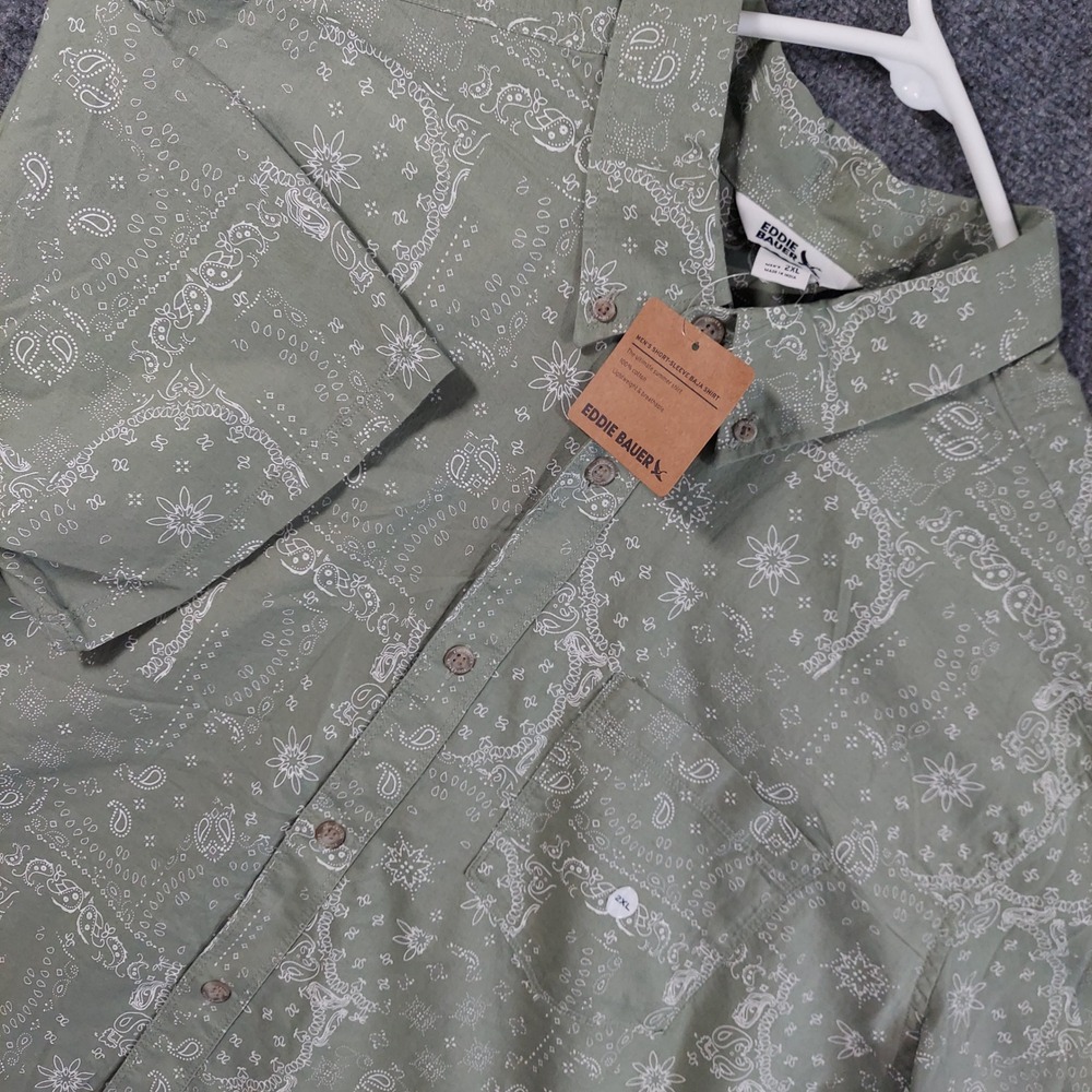 Eddie Bauer Baja Shirt Men 2XL Sage Green Paisley Bandana Short Sleeve 7032